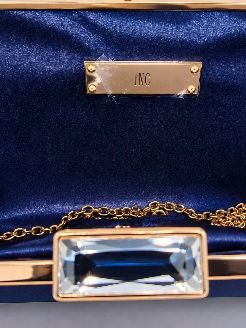 I.N.C. International Concepts Navy Satin Evening Clutch Gold Chain Purse